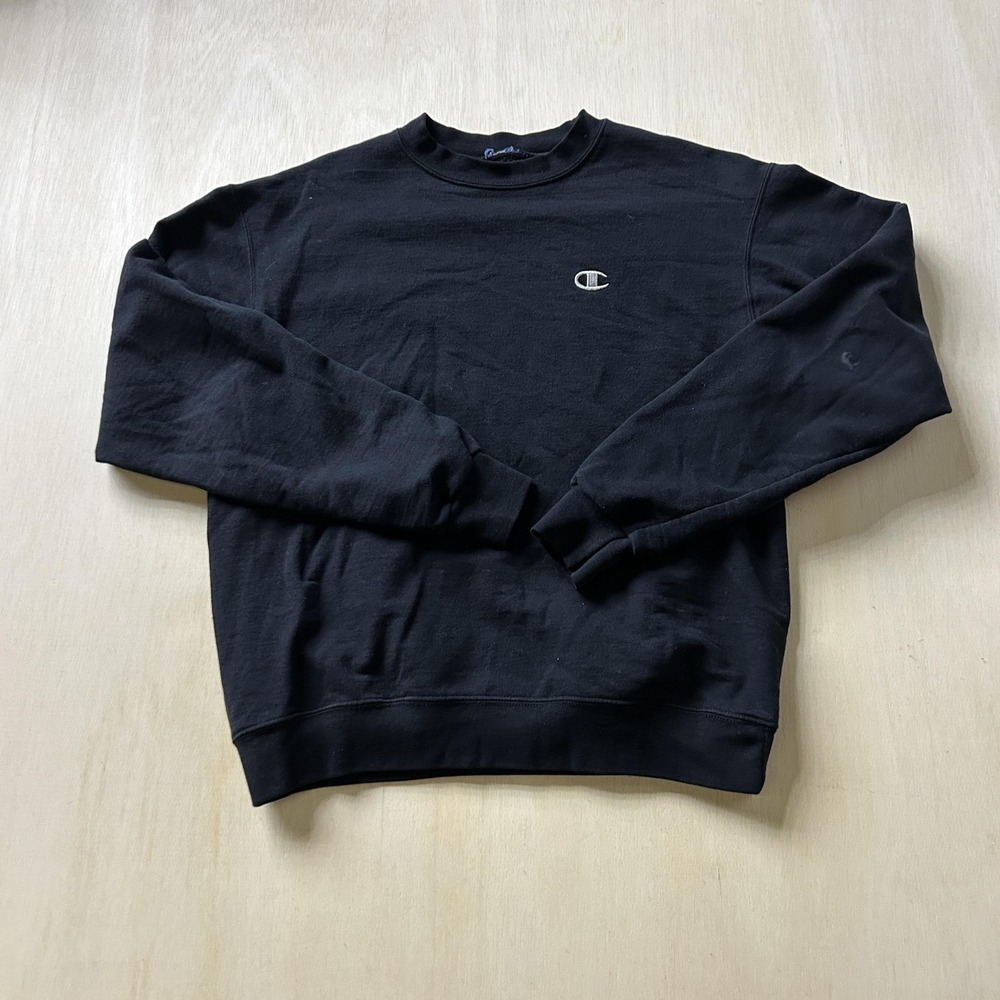 Y2K Champion Sweatshirt Mens Medium Black Fleece Crewneck Pullover Small C Logo